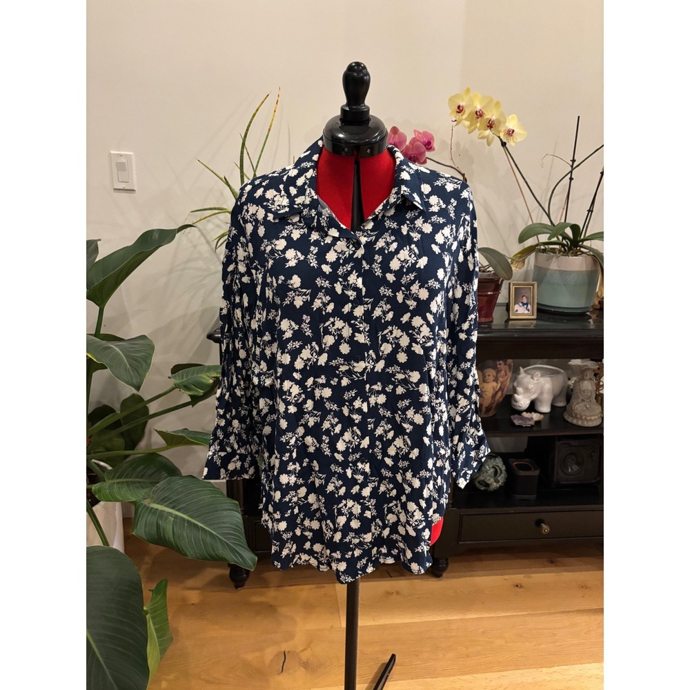 Monk and Lou S Blouse Blue‎ cream office casual business floral city